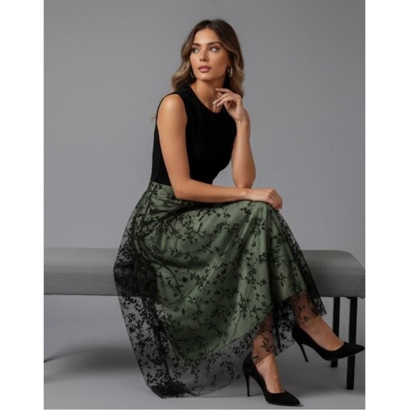 Floral Flocking Tulle Long A-Line Skirt Green* - Picture 4 of 11